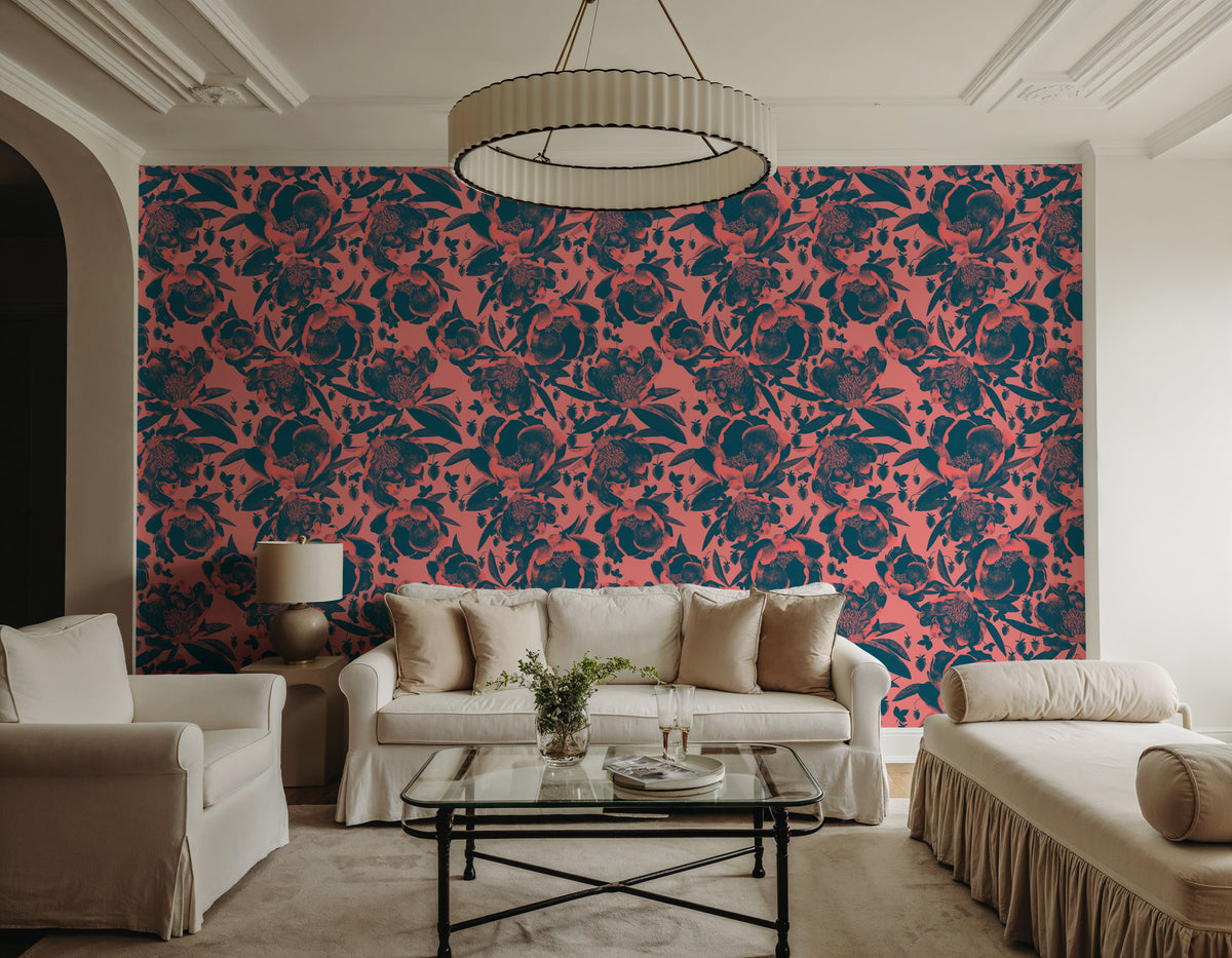 Pop Peonies, Pink & Teal Mural Wallpaper - room preview 06
