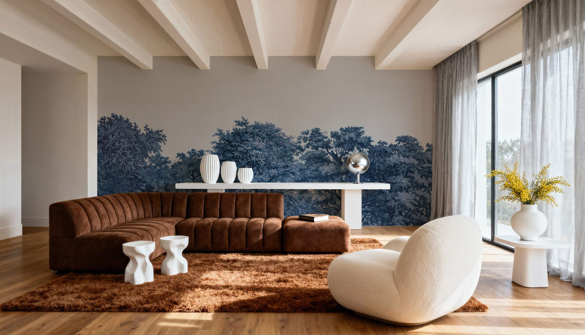 Over the Treetops, Blue Ink Mural Wallpaper - room preview 06