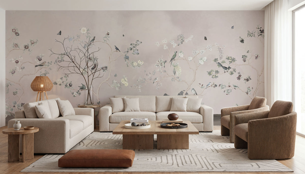 Birds in the Garden Light Gray Mural Wallpaper - room preview 06