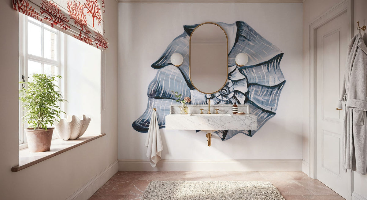 Coastal Harp Shell Navy Mural Wallpaper - room preview 06