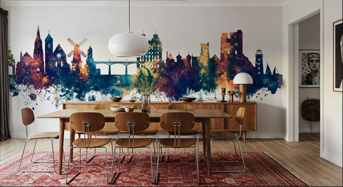 Scarborough England Skyline Blue & Bronze Mural Wallpaper - room preview 06