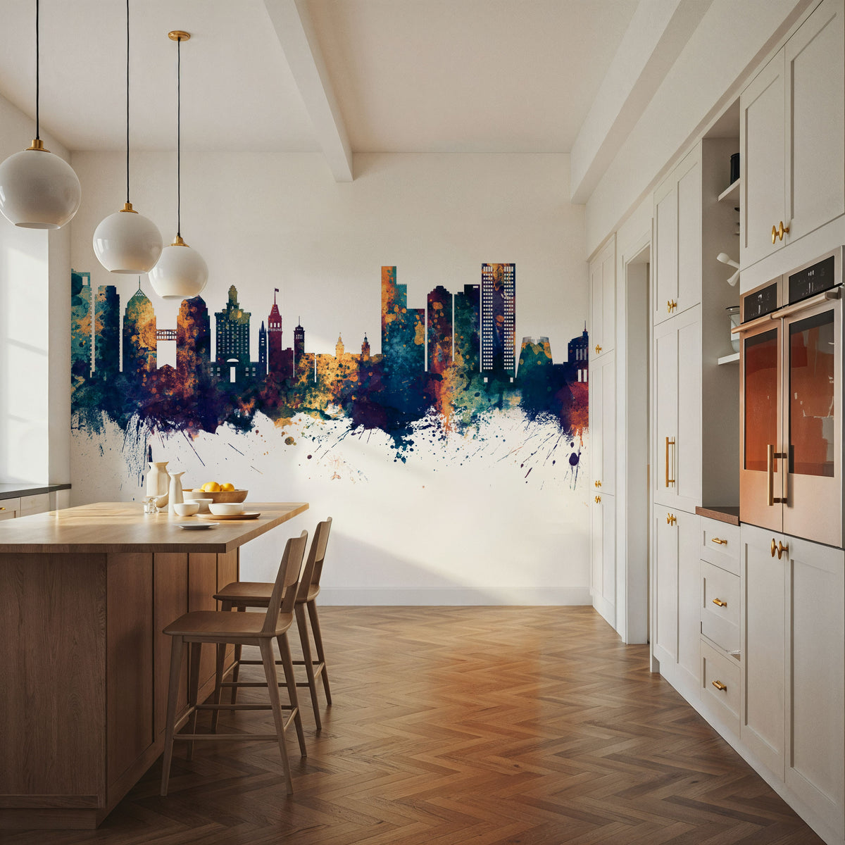 Oakland California Skyline Blue & Bronze Mural Wallpaper - room preview 06