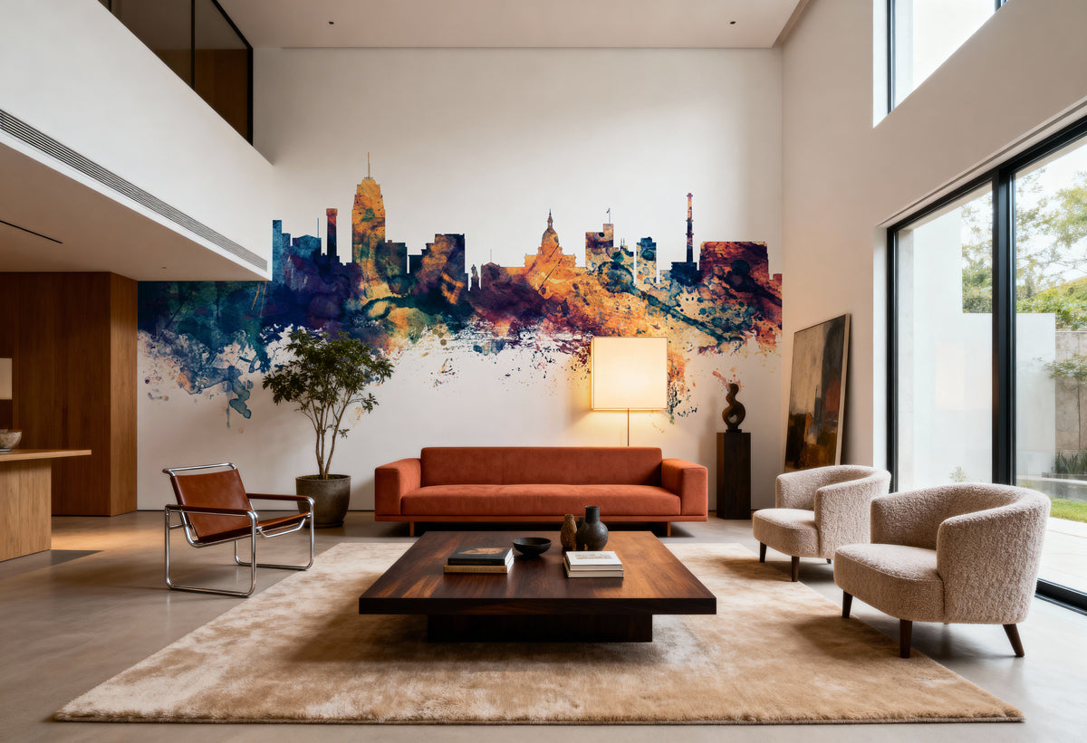 Lansing Michigan Skyline Blue & Bronze Mural Wallpaper - room preview 06