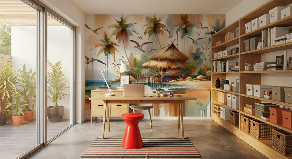 Island Serenity in Abstract Watercolor Mural Wallpaper - room preview 06