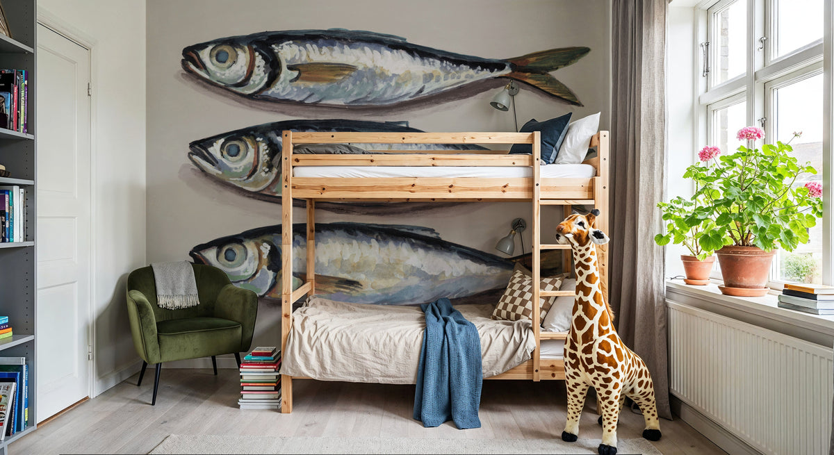 Three Little Fishies Neutral Mural Wallpaper - room preview 06