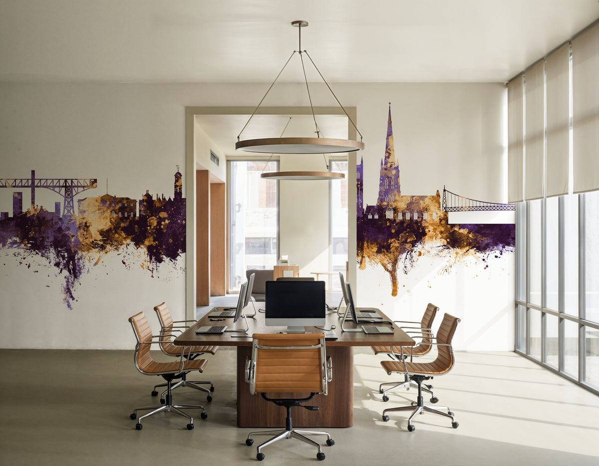 Warrington England Skyline Purple & Gold Mural Wallpaper - room preview 06