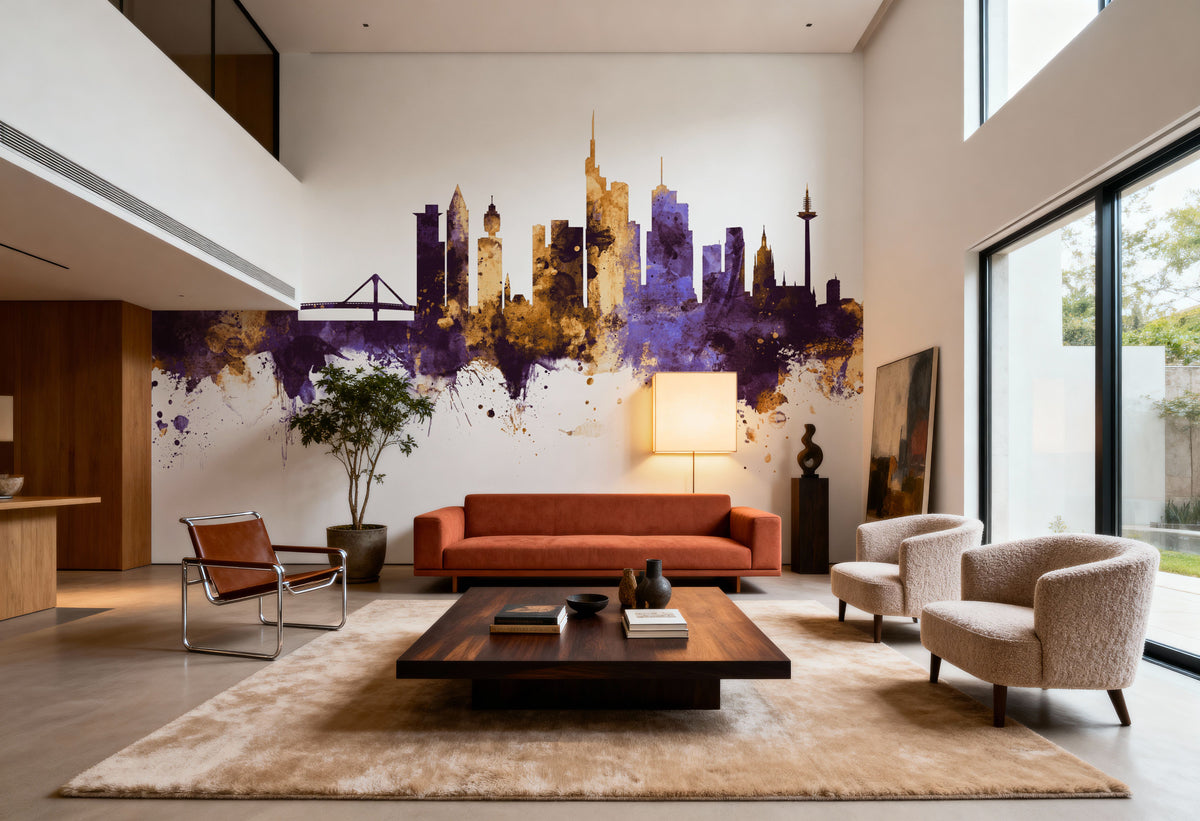 Frankfurt Skyline Purple & Gold Mural Wallpaper - room preview 06