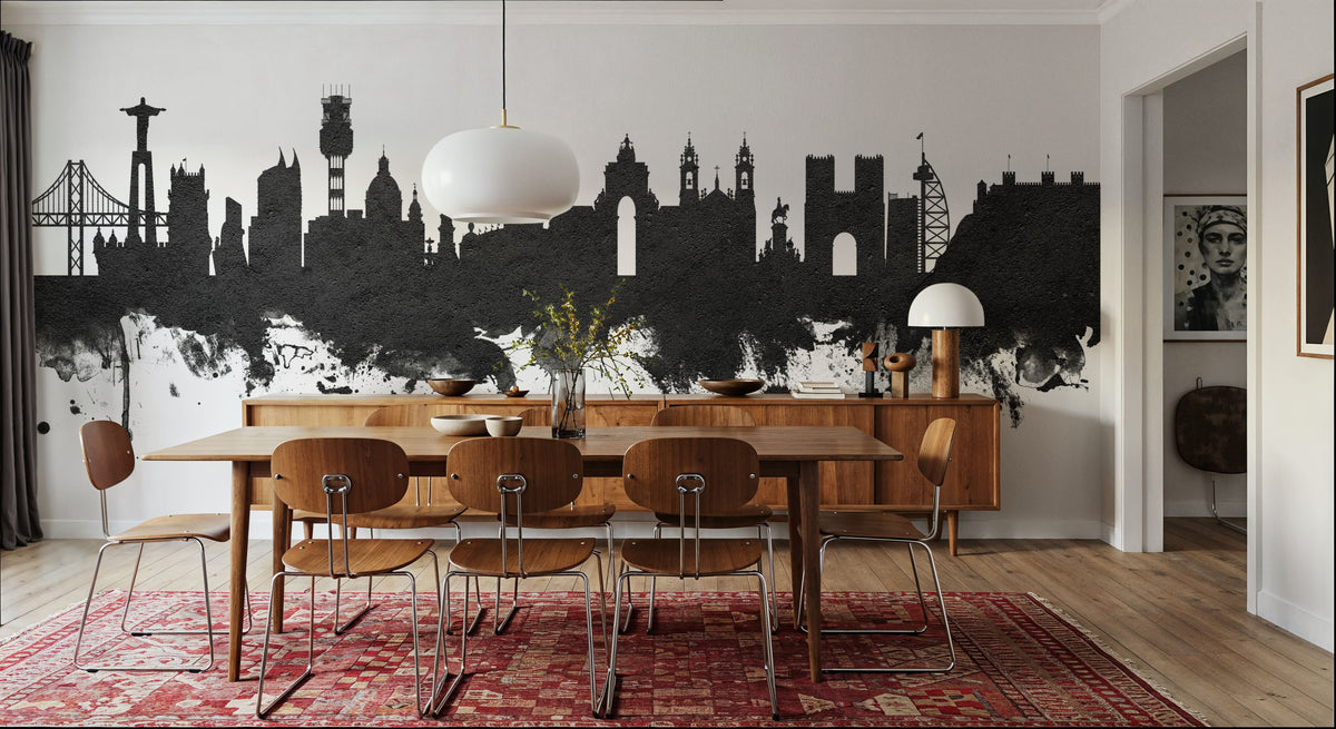Lisbon Portugal Skyline Black & White Mural Wallpaper - room preview 06