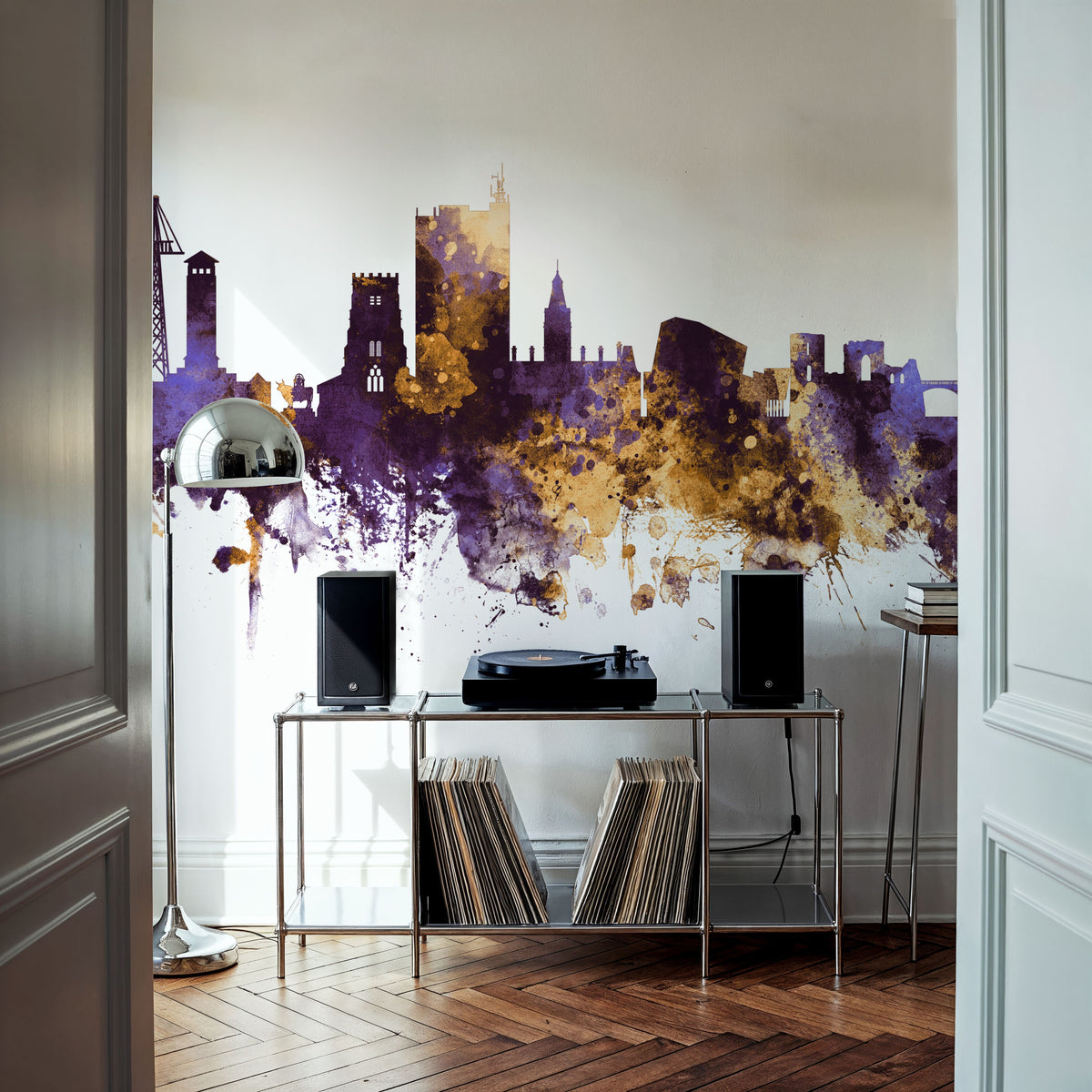 Newport Wales Skyline Purple & Gold Mural Wallpaper - room preview 06