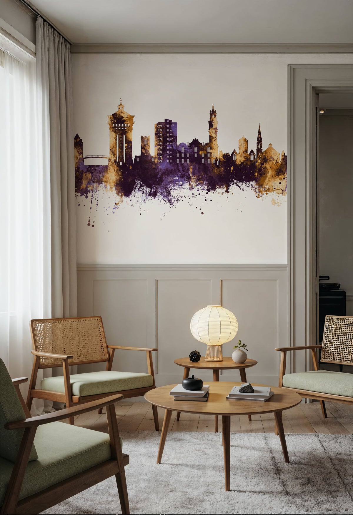 Colchester England Skyline Purple & Gold Mural Wallpaper - room preview 06