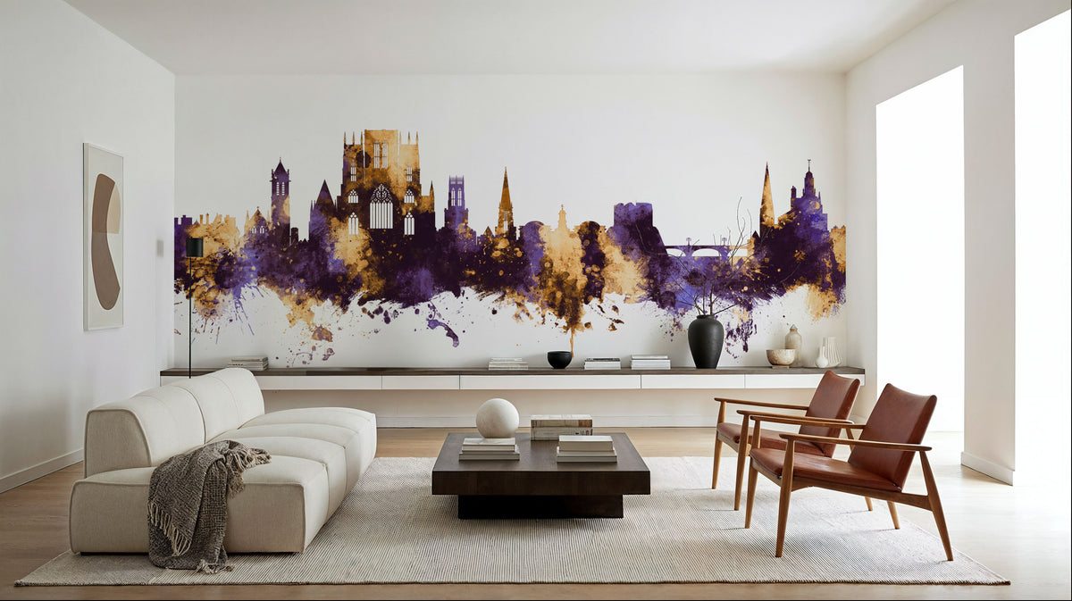 York England Skyline Purple & Gold Mural Wallpaper - room preview 06