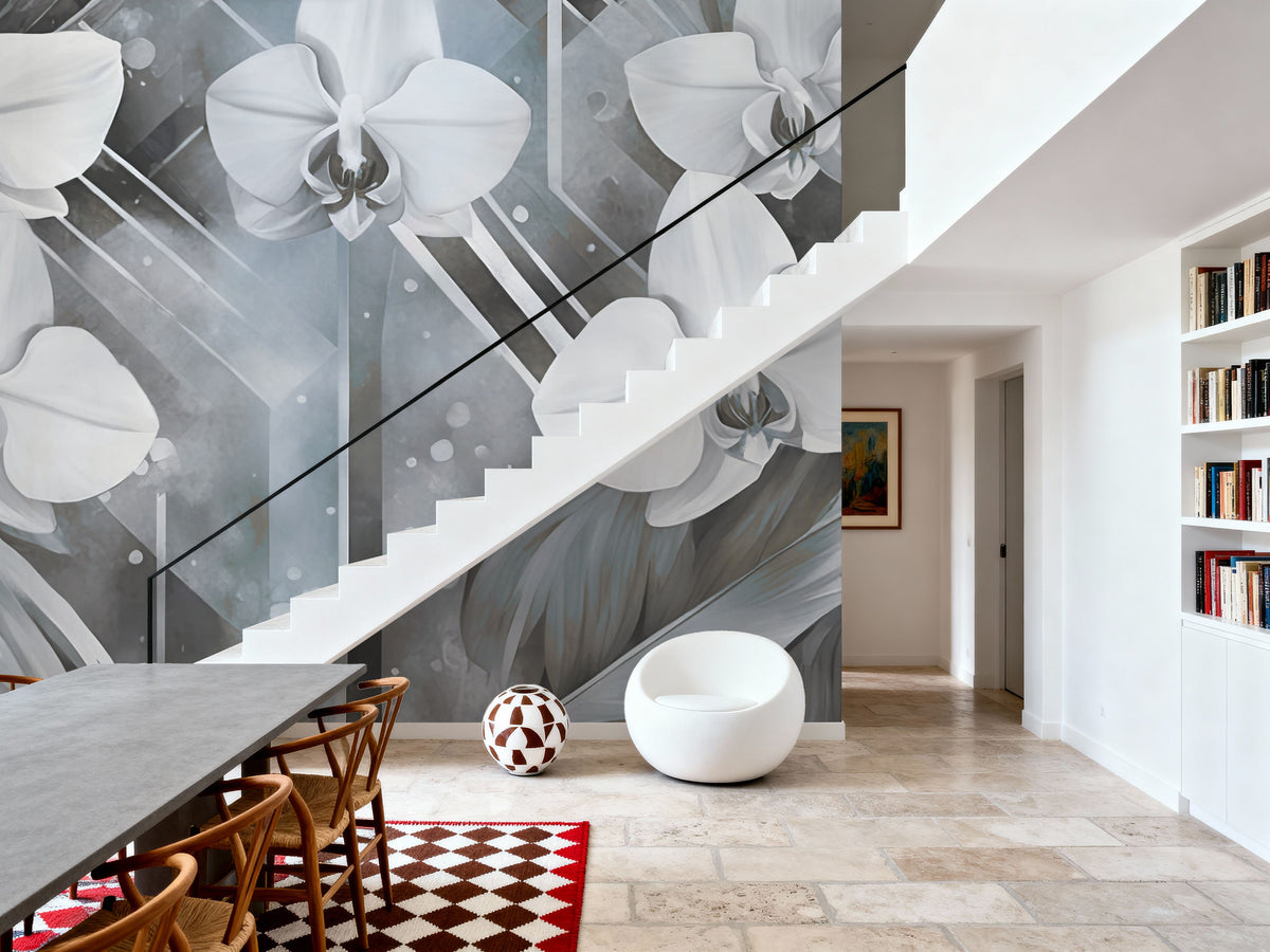 Geometry and Orchids Blue Mural Wallpaper - room preview 06