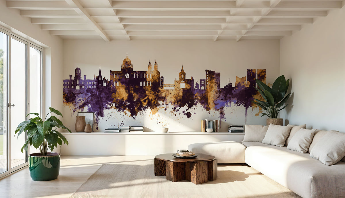 Galway Ireland Skyline Purple & Gold Mural Wallpaper - room preview 06