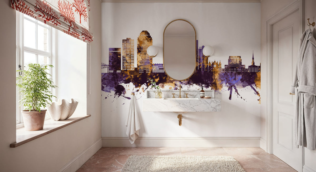 Shreveport Louisiana Skyline Purple & Gold Mural Wallpaper - room preview 06
