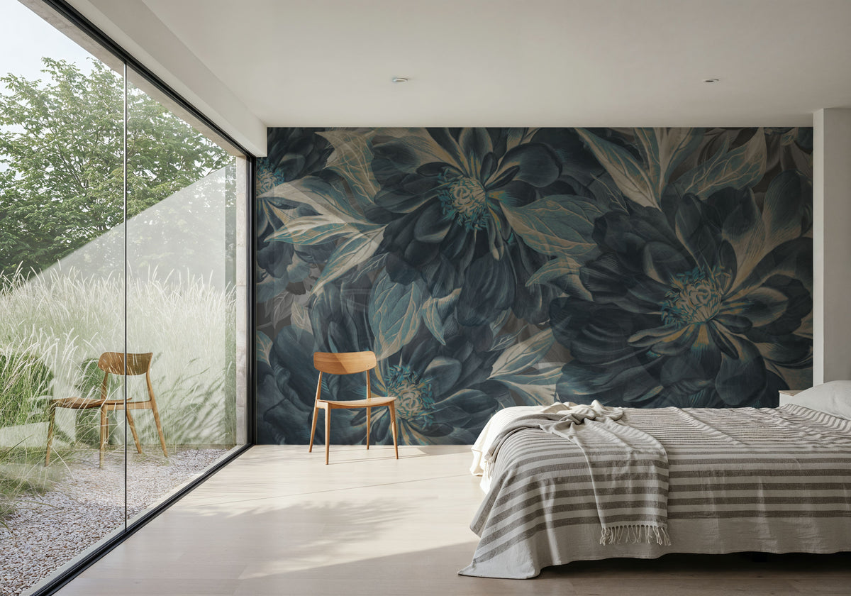 Peony Study - Midnight Teal Mural Wallpaper - room preview 06