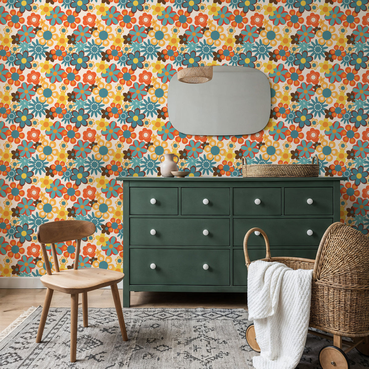 Flower Power, Yellow on Cream Mural Wallpaper - room preview 06