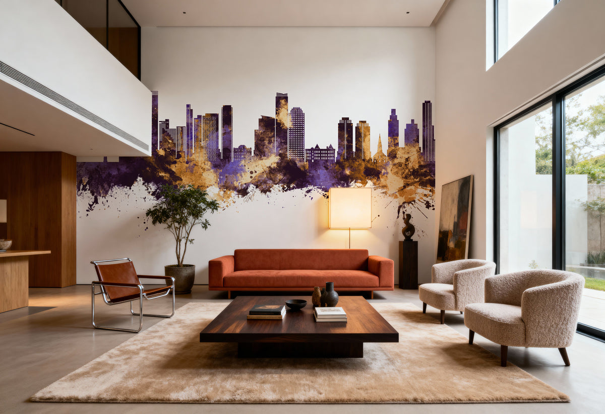Queens New York Skyline Purple & Gold Mural Wallpaper - room preview 06