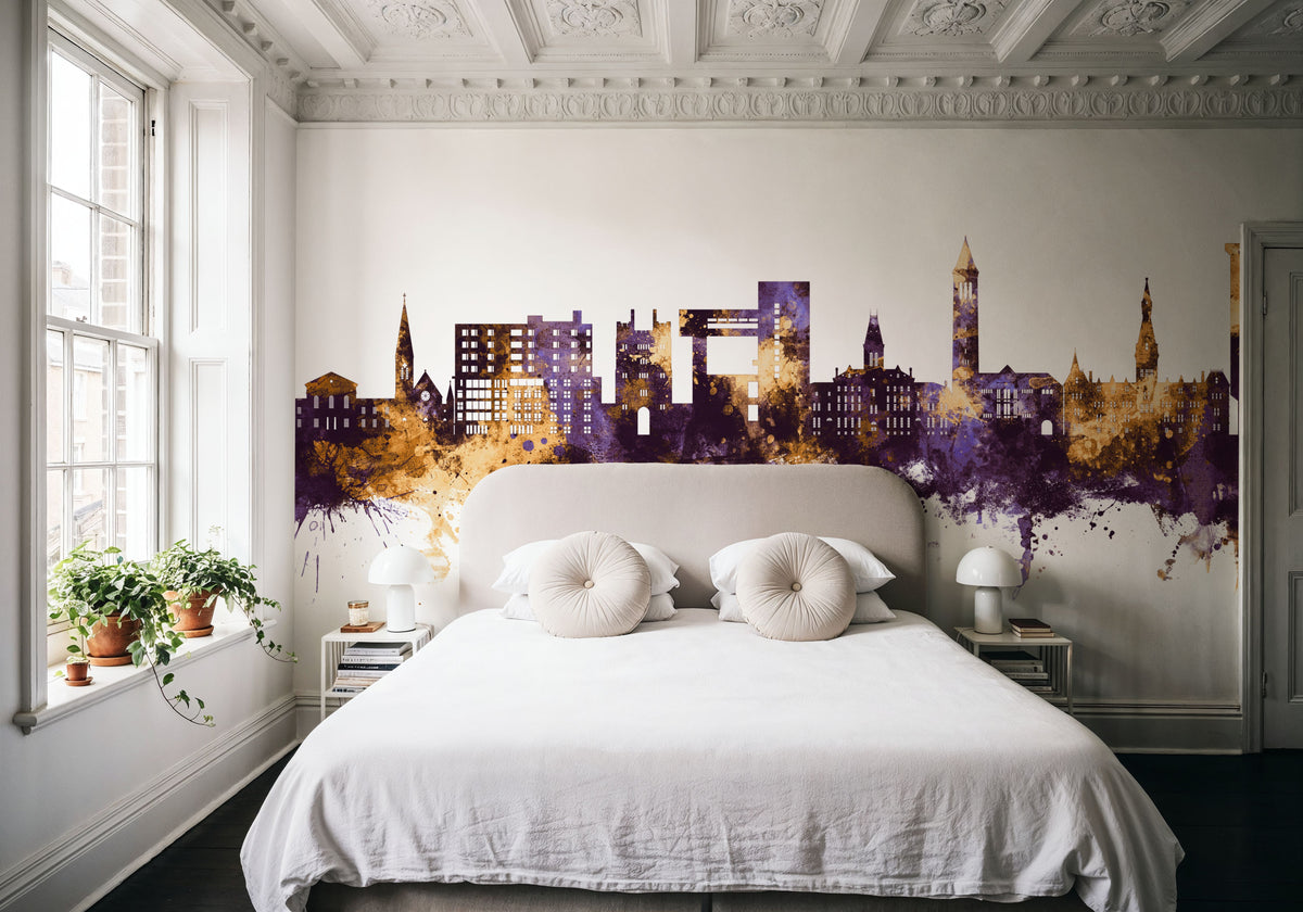 Ithaca New York Skyline Purple & Gold Mural Wallpaper - room preview 06