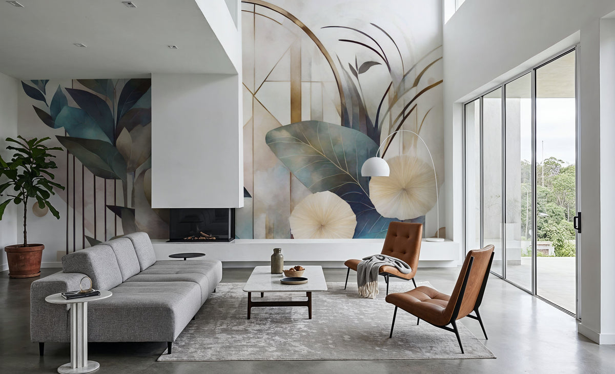 Art Deco Floral Geometry Yellow Mural Wallpaper - room preview 06