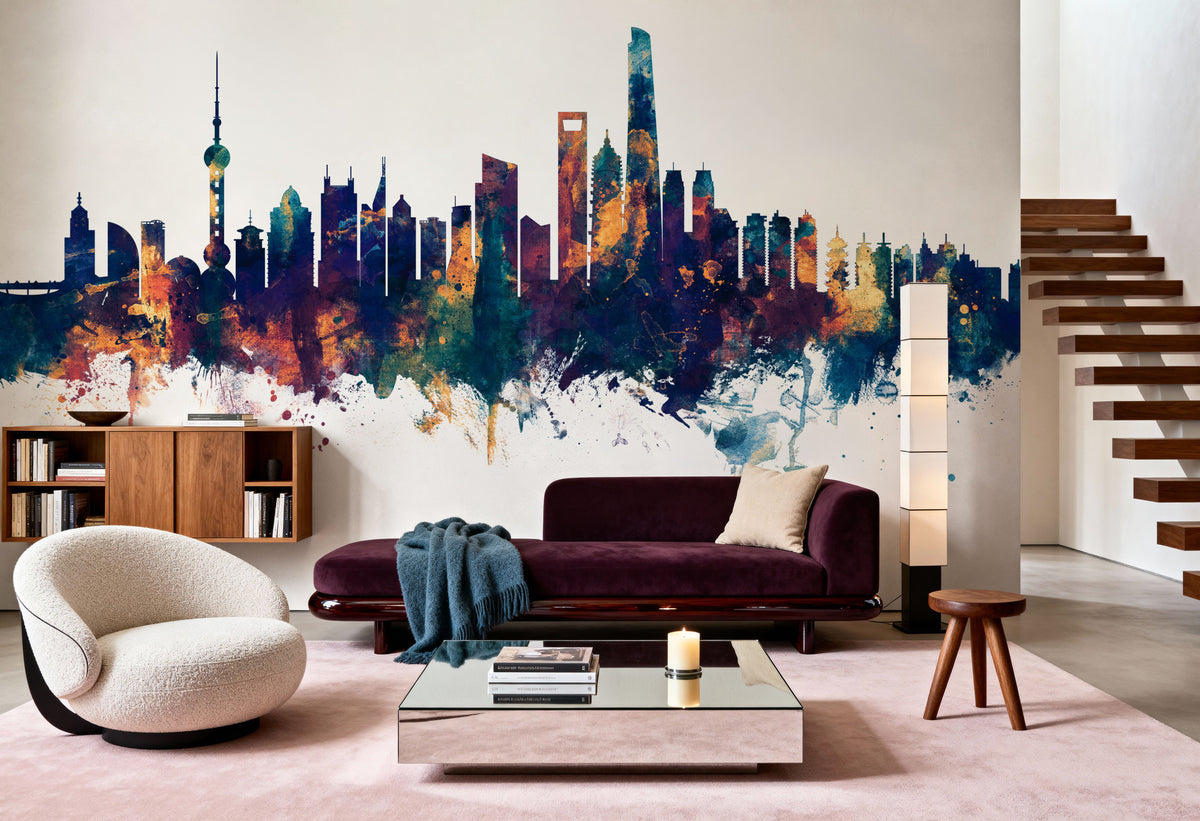 Shanghai China Skyline Blue & Bronze Mural Wallpaper - room preview 06