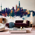 Shanghai China Skyline Blue & Bronze Mural Wallpaper - room preview 06