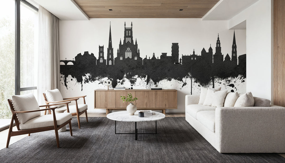 Worcester England Skyline Black & White Mural Wallpaper - room preview 06