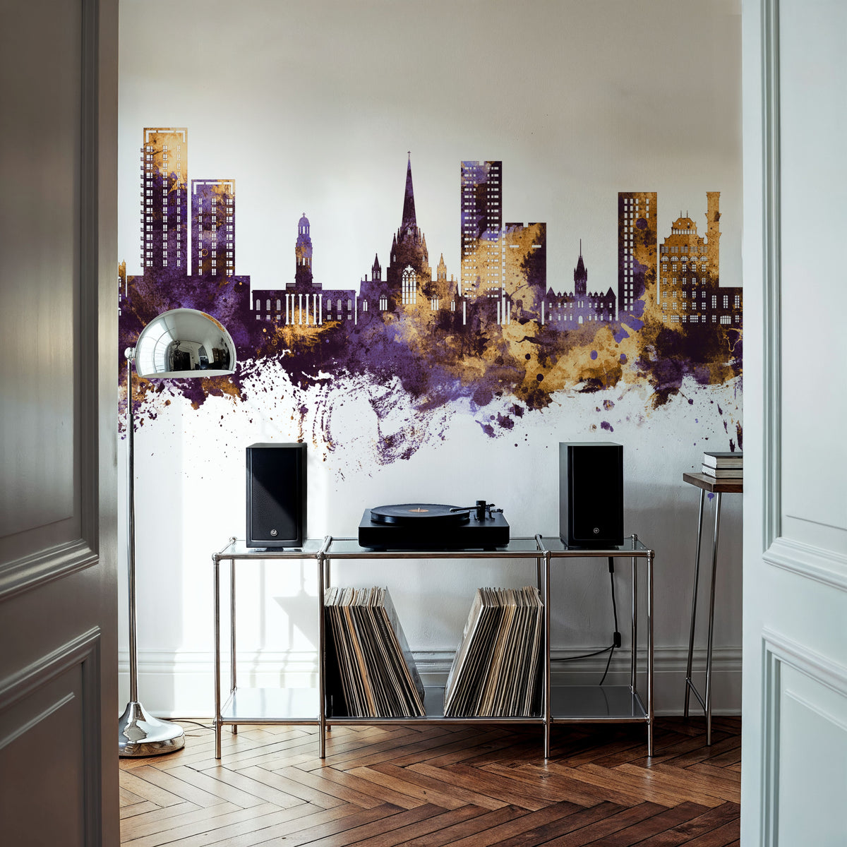 Salford England Skyline Purple & Gold Mural Wallpaper - room preview 06