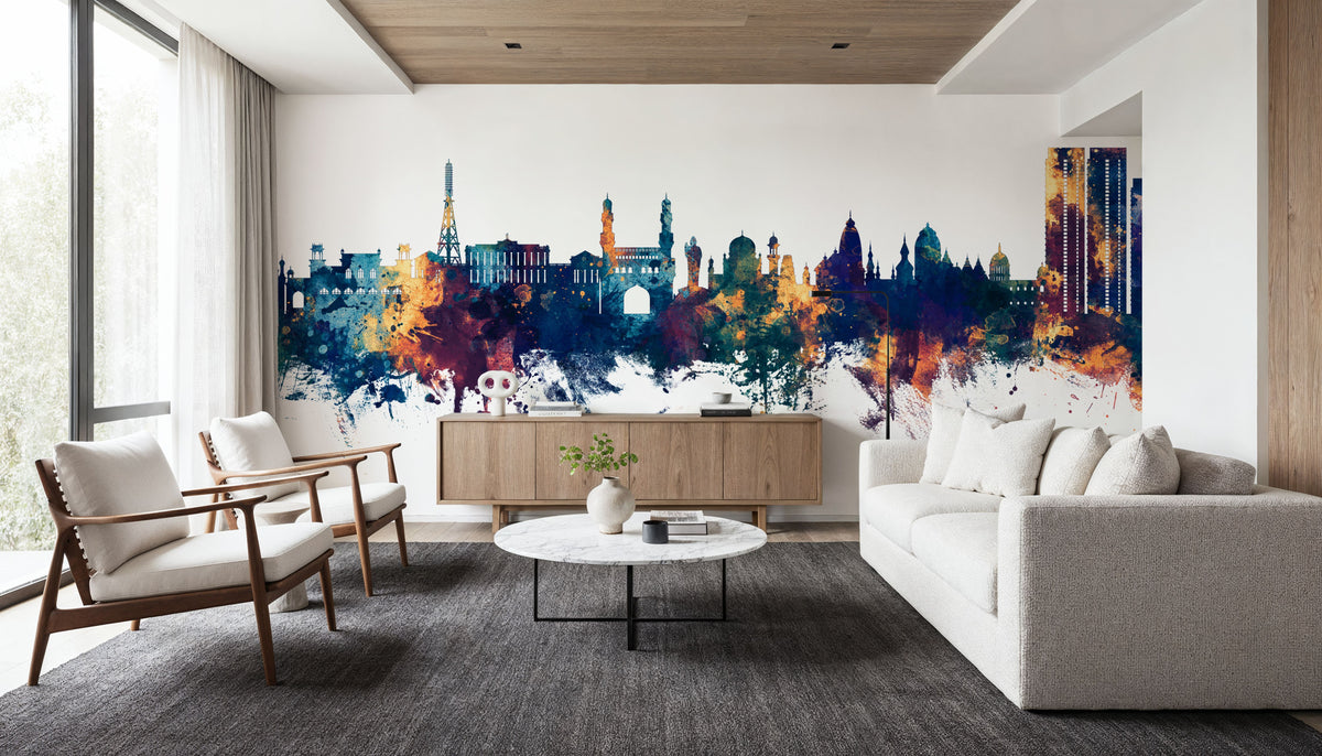 Hyderabad Skyline Blue & Bronze Mural Wallpaper - room preview 06