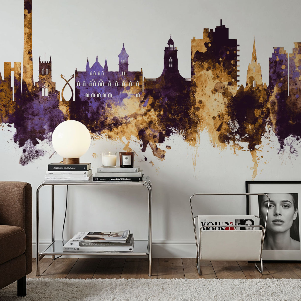 Northampton England Skyline Purple & Gold Mural Wallpaper - room preview 06