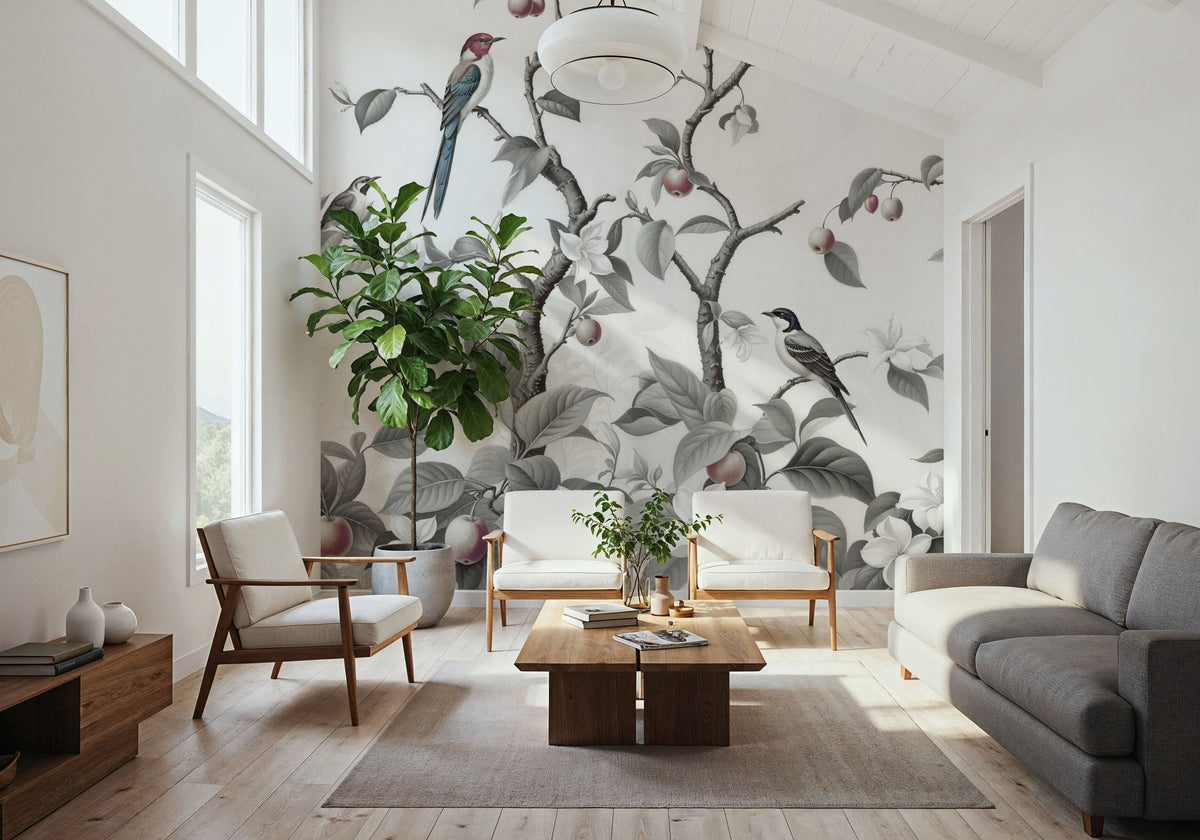 Bird Harmony, Gray Mural Wallpaper - room preview 06