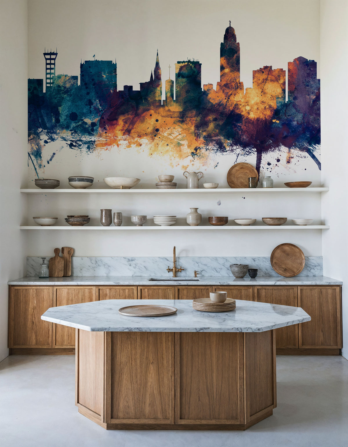 Lincoln Nebraska Skyline Blue & Bronze Mural Wallpaper - room preview 06