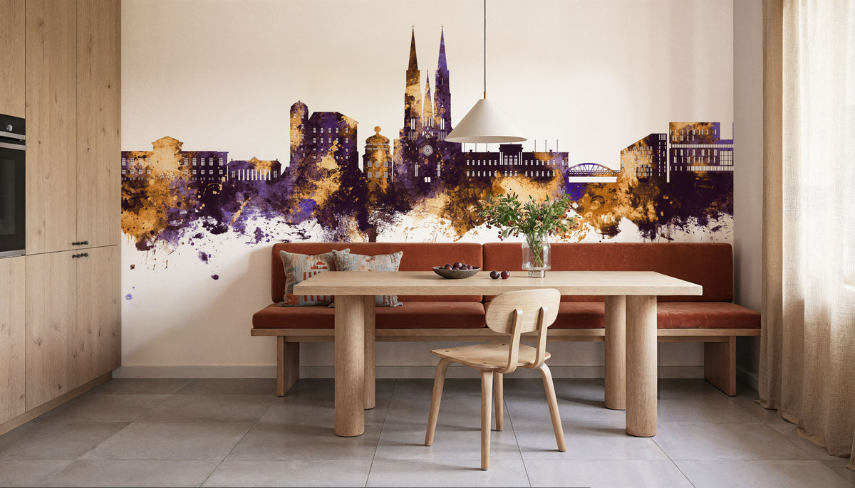 Uppsala Skyline Purple & Gold Mural Wallpaper - room preview 06