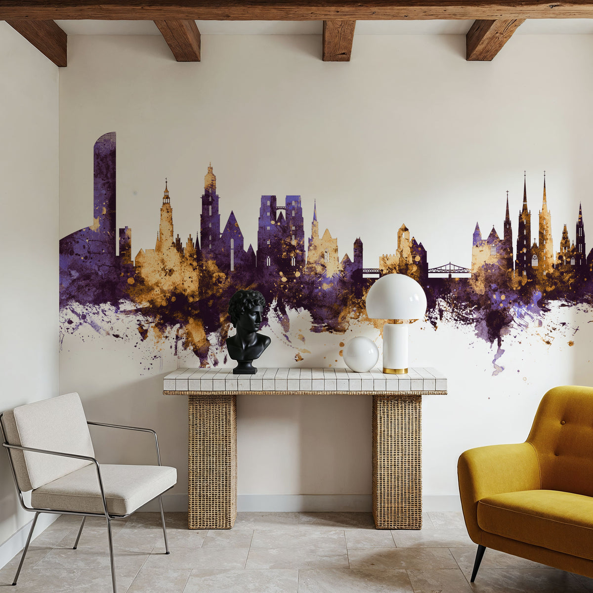Wroclaw Poland Skyline Purple & Gold Mural Wallpaper - room preview 06