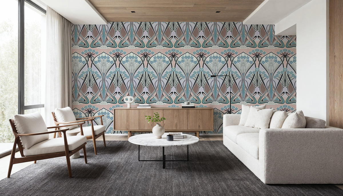 Floral Art Deco Aura, Light Teal Mural Wallpaper - room preview 06