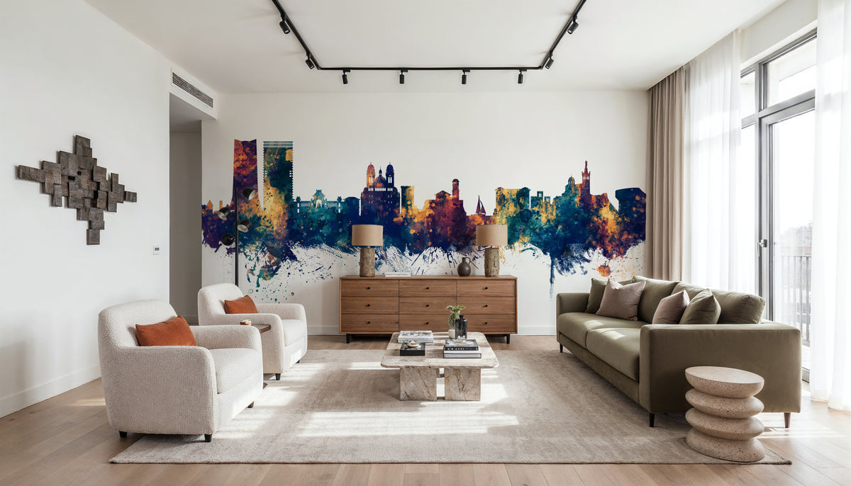 Marseille France Skyline Blue & Bronze Mural Wallpaper - room preview 06