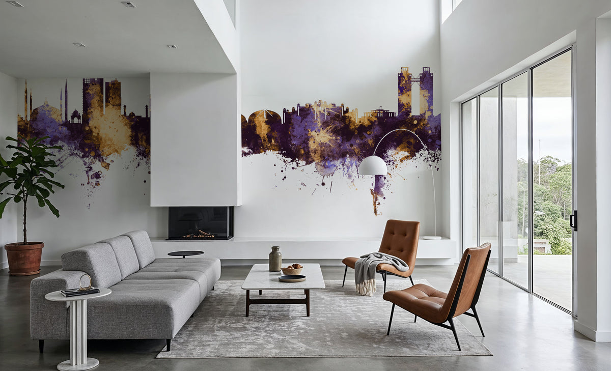 Islamabad Pakistan Skyline Purple & Gold Mural Wallpaper - room preview 06