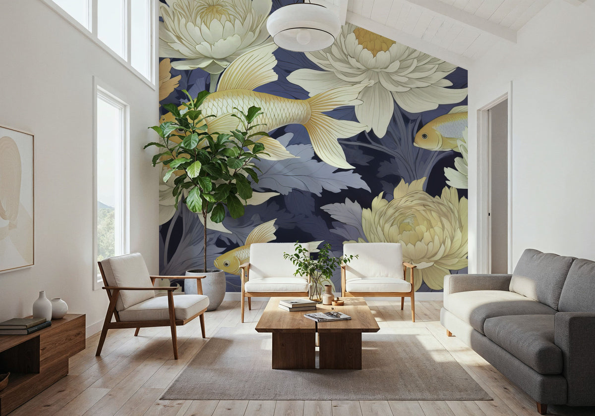 Dancing Fish, Yellow on Purple Mural Wallpaper - room preview 06
