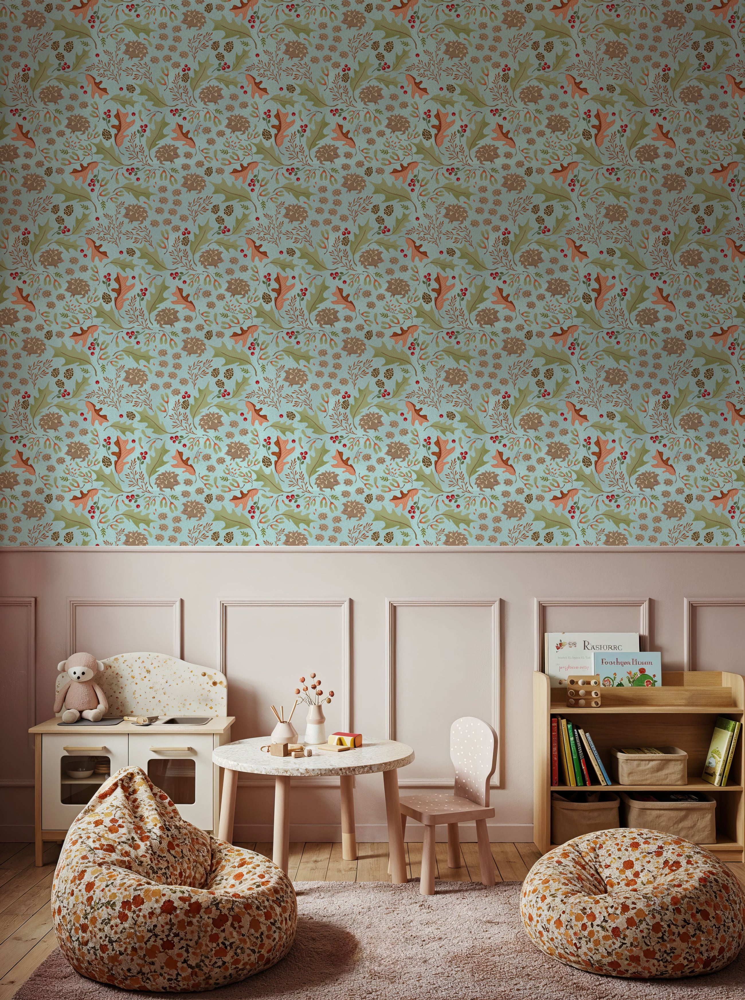 Autumn Hedgehogs, Light Blue Mural Wallpaper
