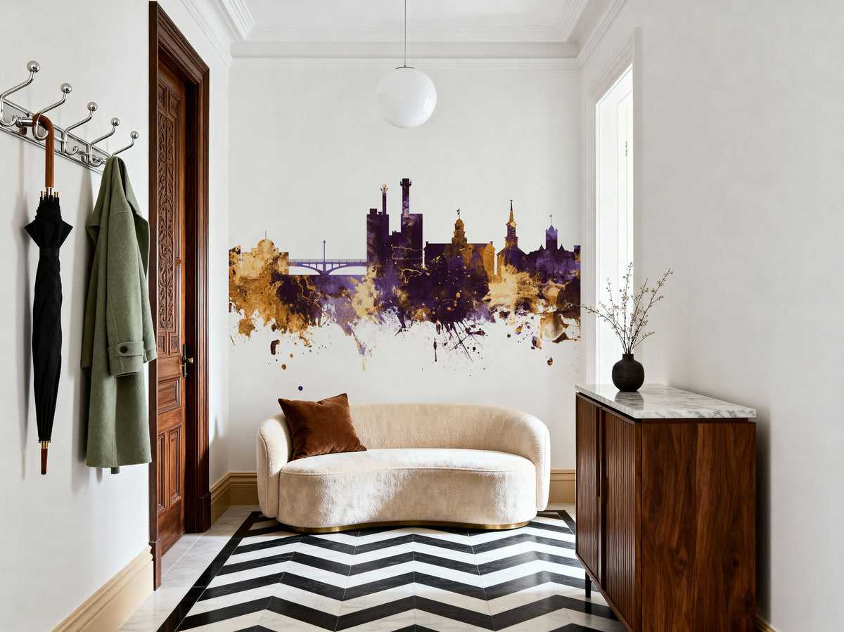 Iowa City Skyline Purple & Gold Mural Wallpaper - room preview 06