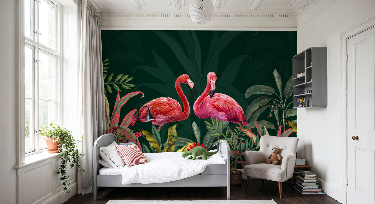Shy Flamingos Dark Mural Wallpaper - room preview 06