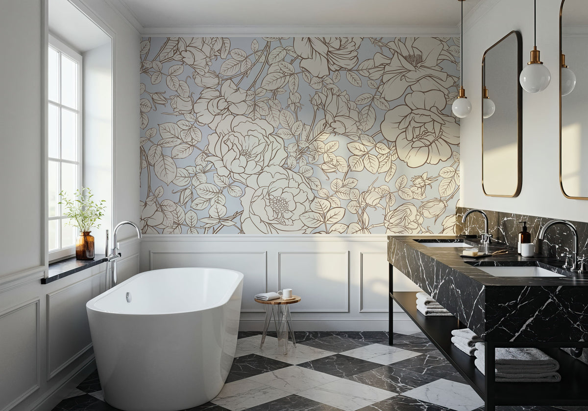 Vintage Rose Blueprint Mural Wallpaper - room preview 06