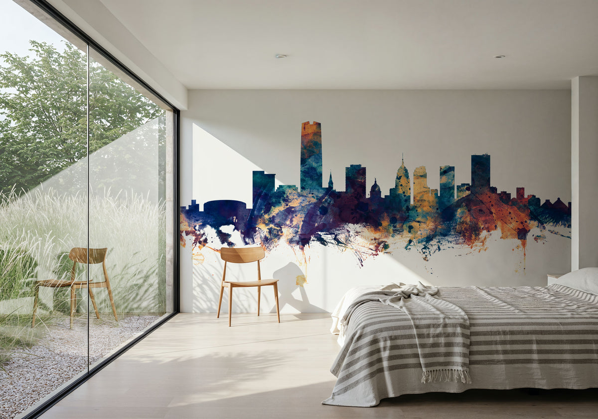 Oklahoma City Skyline Blue & Bronze Mural Wallpaper - room preview 06