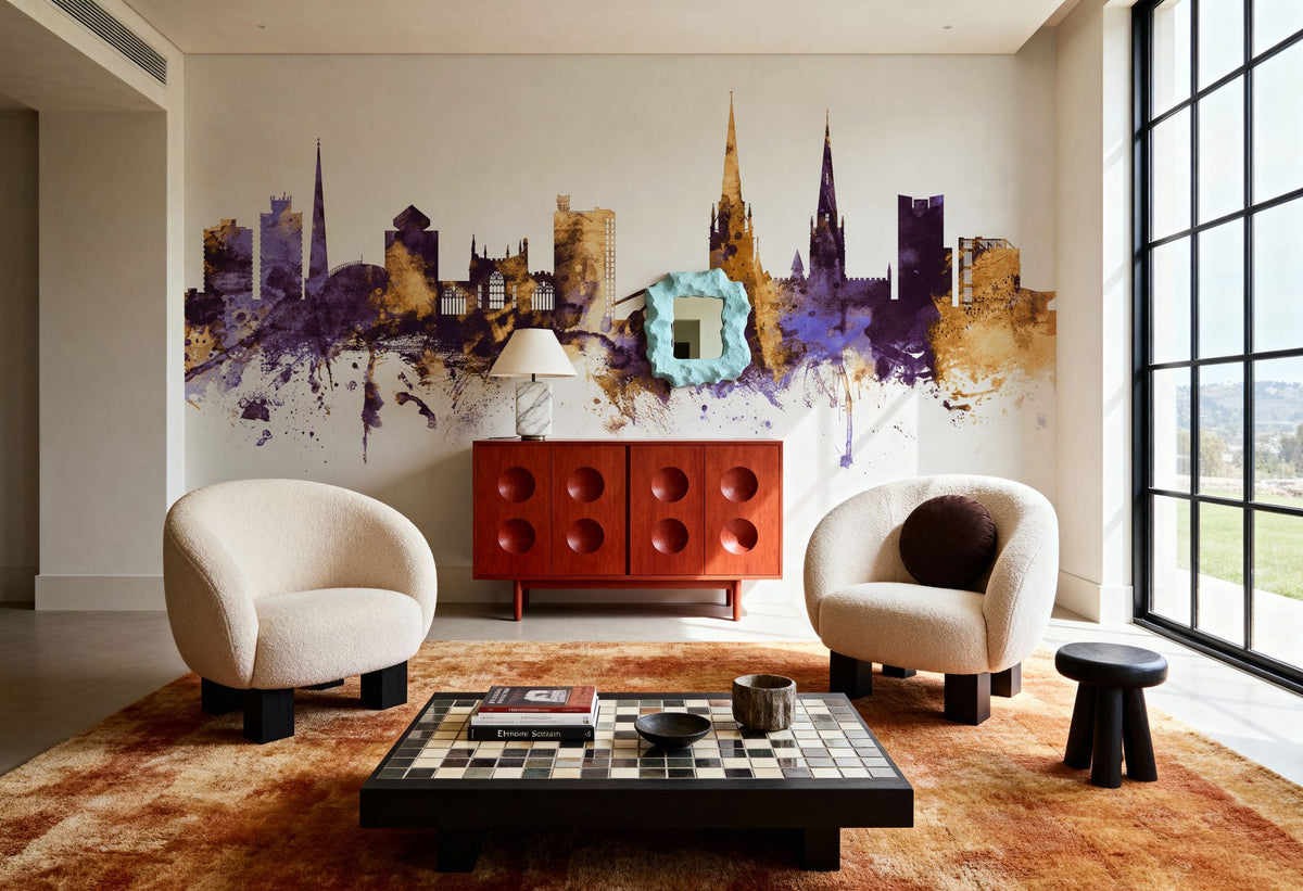 Coventry England Skyline Purple & Gold Mural Wallpaper - room preview 06