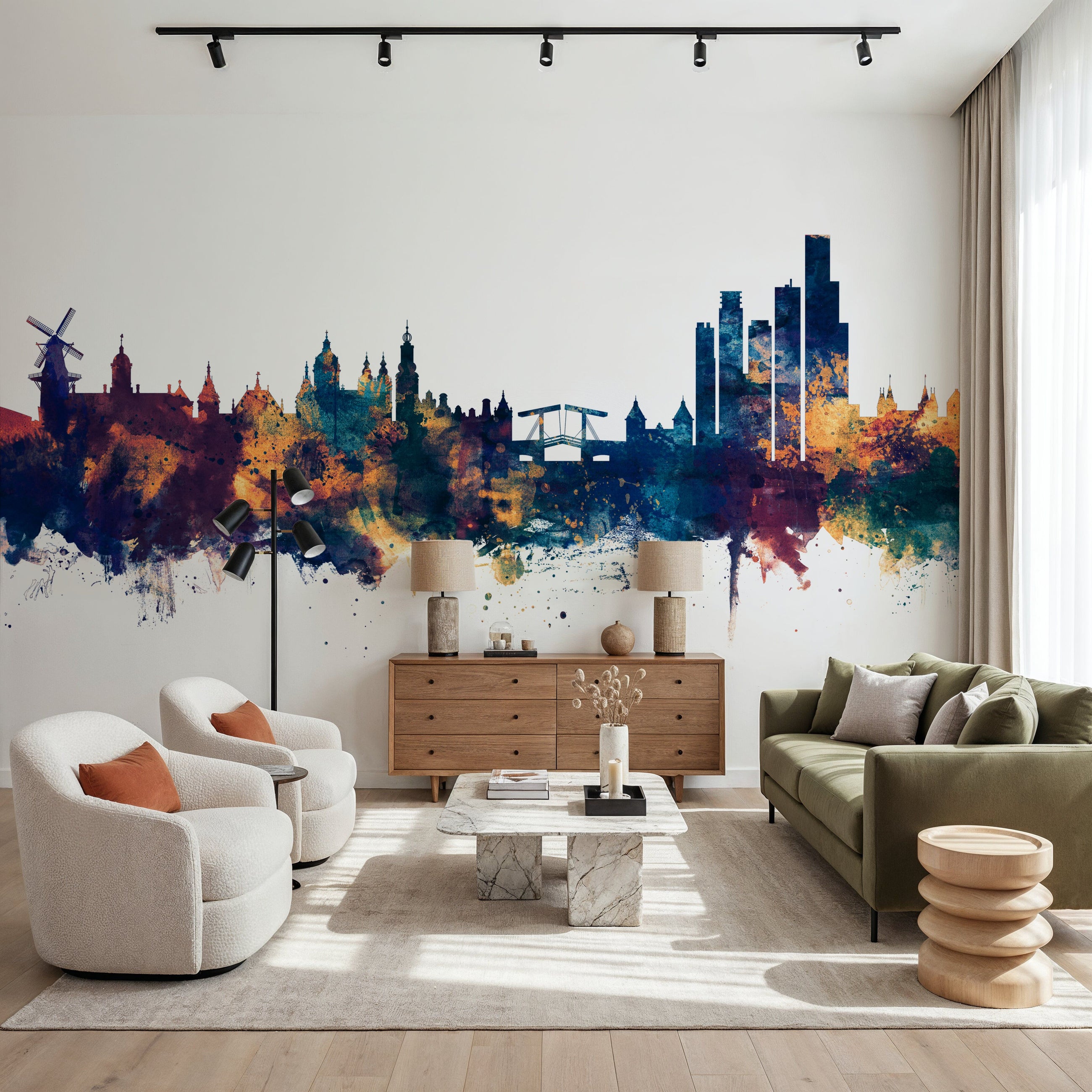 Amsterdam Skyline Blue & Bronze Mural Wallpaper