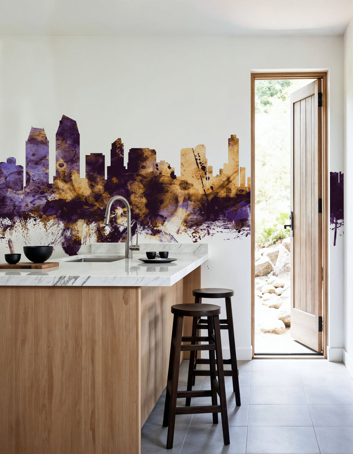 San Diego California Skyline Purple & Gold Mural Wallpaper - room preview 06
