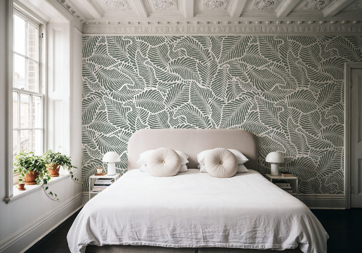 Fern Cut-Outs Pattern, Khaki Mural Wallpaper - room preview 06