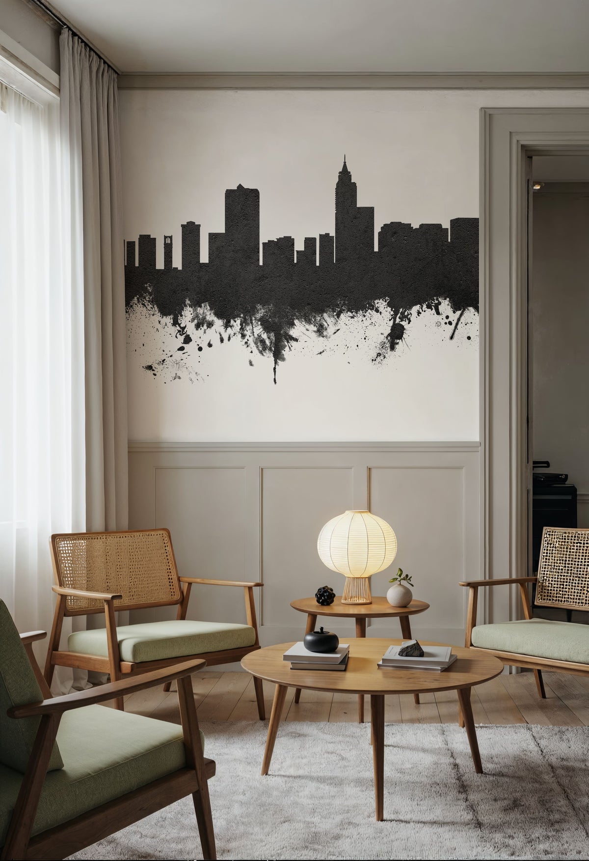 Raleigh North Carolina Skyline Black & White Mural Wallpaper - room preview 06