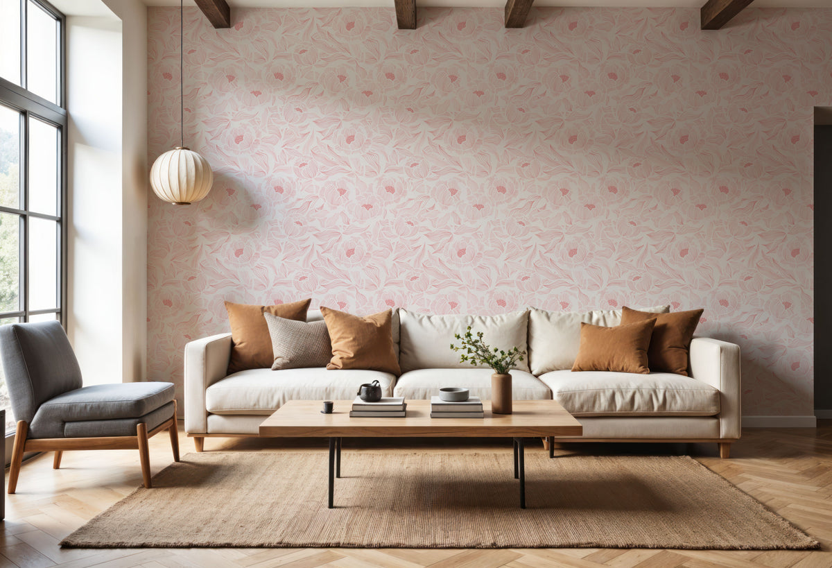 Hidden Peonies, Pink on White Mural Wallpaper - room preview 06