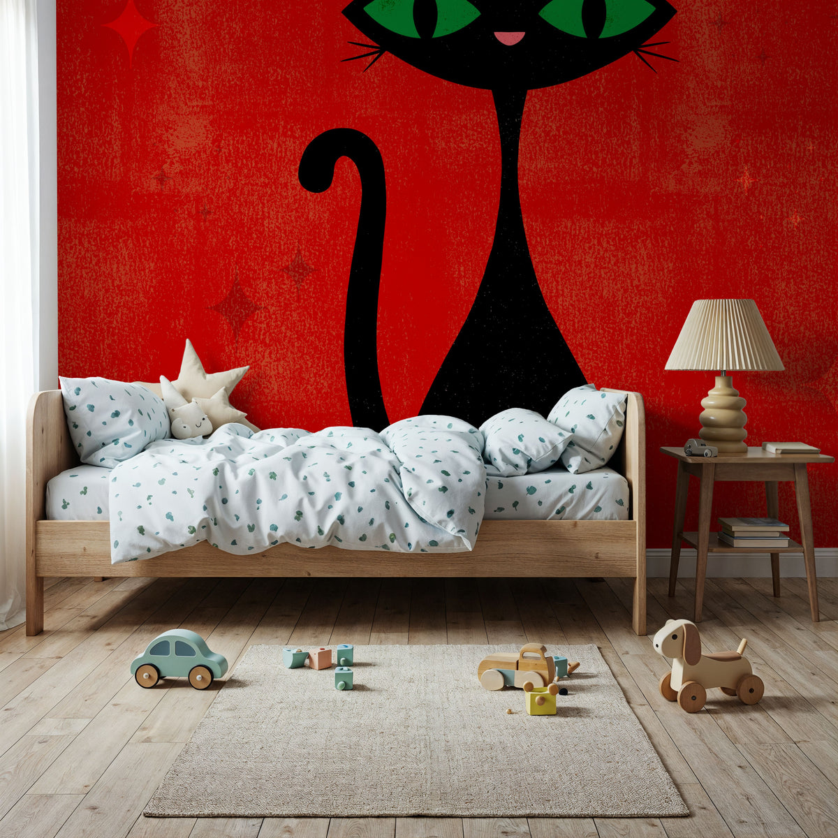 Retro Cat, Red Mural Wallpaper - room preview 06