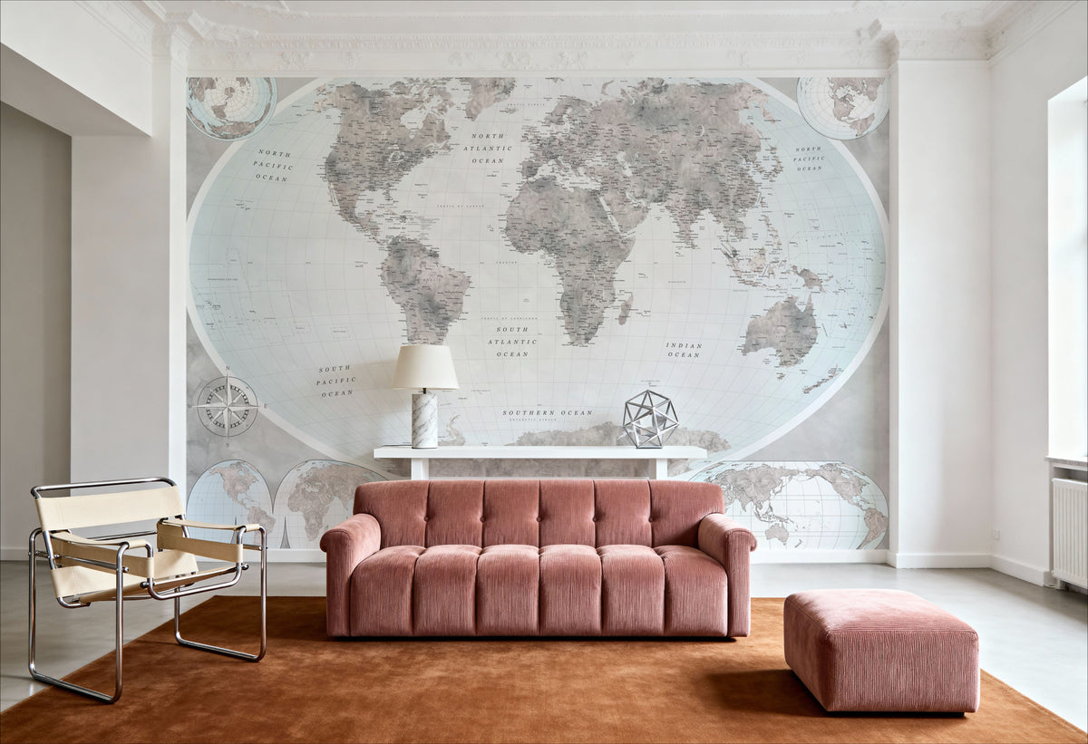 World Map Atlas Gray Mural Wallpaper - room preview 06